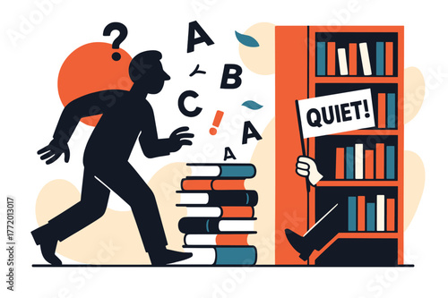 Library Hideout Scene. Library Hideout. A seeker?s silhouette moves along tidy stacks while a bookmark flag whispers ?quiet!?. Floating letters scatter like