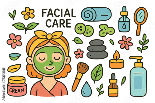 Colorful Facial Care Icons. facial care. Colorful Hand-drawn doodle Children illustration facial care face mask, cucumber slices, headband, towel, cream jar,