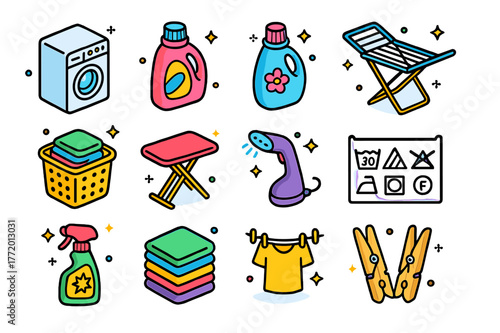 Colorful Laundry Icons. Laundry and garment care. Colorful isometric vector icons set of Laundry and garment care: washing machine, detergent bottle, fabric