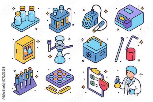 Colorful Lab Equipment Icons. Wastewater laboratory testing. Colorful isometric vector icons set of Wastewater laboratory testing: BOD bottles, COD reactor,