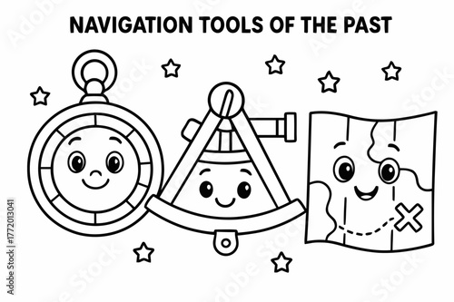 Vintage Navigation Tools. Navigation tools of the past children?s coloring book illustration, outlined drawing, friendly cartoon versions of an astrolabe,