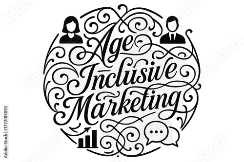 Flourish Lettering Design. Flourish Lettering ? "Age-Inclusive Marketing" in classic ornamental flourish lettering, medium-thick swashes resembling connecting
