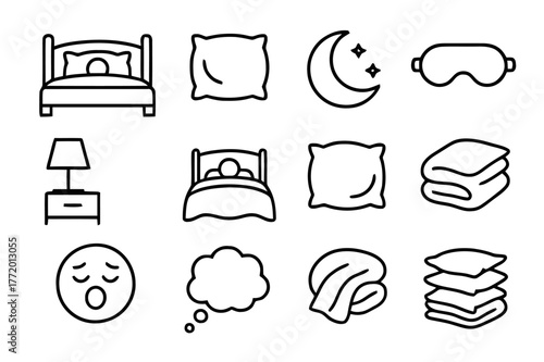 Cozy Sleep Icons. Soft, Fluffy Pillows Surrounding Someone in Bed. Line icon set of Soft, Fluffy Pillows Surrounding Someone in Bed: bed frame, headboard,