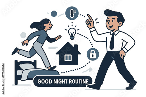 Smart Home Harmony. AI Assistants ? Smart Home Steward. The assistant orchestrates lights, thermostat, and locks; dotted signals flow house-wide. Tag ?good