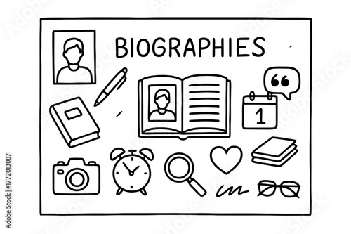 Biographies Doodle Icons. Biographies. Hand-drawn doodle illustration biographies portrait frame, pen, notebook, book cover, open page, calendar, camera,