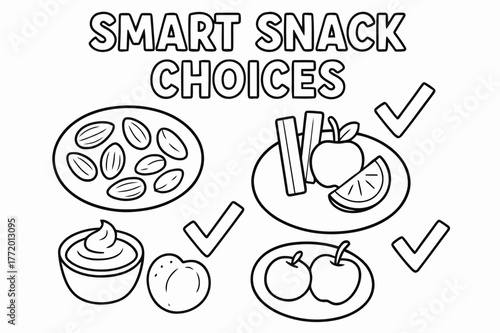 Healthy Snack Choices. Smart snack choices children?s coloring book illustration, outlined drawing, two small plates showing nuts, yogurt, fruit, and veggie
