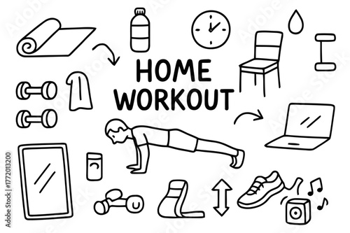 Home Workout Essentials. Home workout. Hand-drawn doodle illustration home workout yoga mat, water bottle, dumbbells, push-up pose, resistance band, chair,