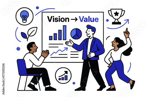 Vision to Value Pitch. Developing a Business Pitch Deck. A presenter gestures toward clean slides featuring graphs and key phrases; a large title reads ?Vision