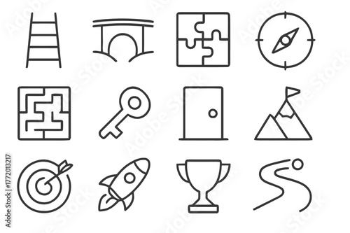 Marketing Icon Set. Visual metaphors in marketing. Line icon set of visual metaphors: ladder, bridge, puzzle, compass, maze, key, door, mountain, target,
