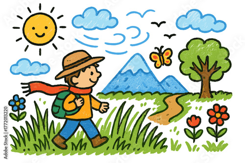 Colorful Outdoor Adventure. outdoor exploration. Colorful Hand-drawn doodle Children illustration outdoor exploration person, tall grass, wind, mountain,