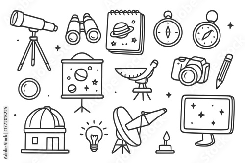 Astronomy Tools Doodle. Astronomy and observation tools. Hand-drawn doodle illustration Astronomy and observation tools telescope, binoculars,