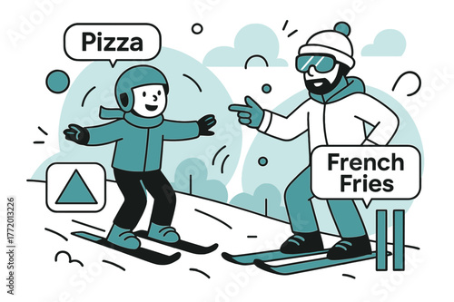 Beginner's Bunny Hill Lesson. First Lesson on the Bunny Hill. A beginner smiles, arms out, instructor guiding with simple cues. Floating signs read ?Pizza? and