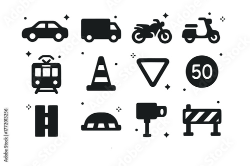 Urban Traffic Icons. Urban traffic flow. Solid icons set of Urban traffic flow: sedan, delivery van, motorcycle, scooter, tram, traffic cone, yield sign, speed