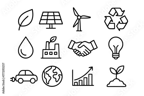 Sustainable Business Icons. Sustainability in business. Line icon set of sustainable business: leaf, solar panel, wind turbine, recycle symbol, water droplet,