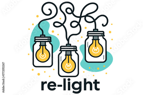 Jar Lampscape. Jar Lampscape. Glass jars become hanging lamps with warm filaments; cords swirl like vines while a caption says ?re-light?. Firefly dots drift