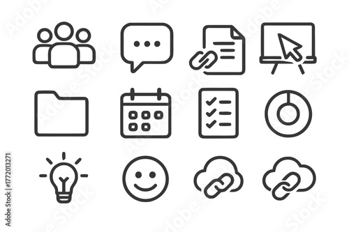 Online Collaboration Icons. Online collaboration. Line icon set of online collaboration: team avatars, chat bubble, shared document, cursor, whiteboard,