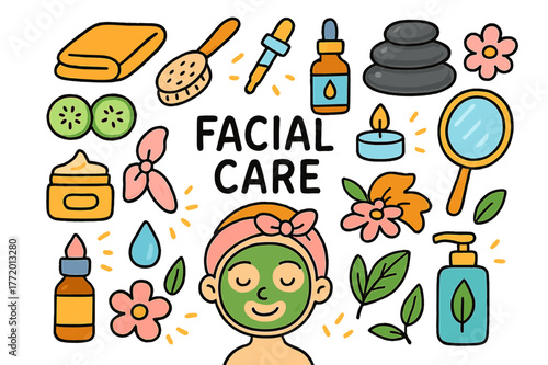 Colorful Facial Care Icons. facial care. Colorful Hand-drawn doodle Children illustration facial care face mask, cucumber slices, headband, towel, cream jar,