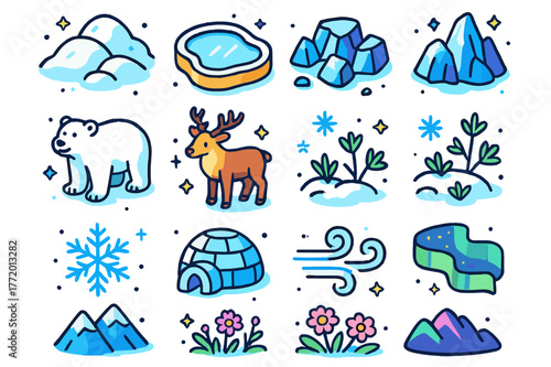 Colorful Polar Icons. Polar landscape. Colorful isometric vector icons set of polar landscape: snow-covered hills, frozen lake, icy rocks, polar