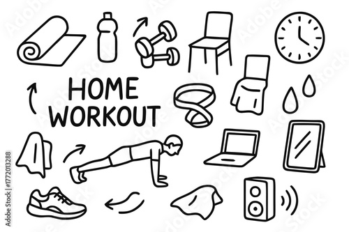 Home Workout Essentials. Home workout. Hand-drawn doodle illustration home workout yoga mat, water bottle, dumbbells, push-up pose, resistance band, chair,