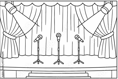 Concert Stage Coloring Page. Empty concert hall stage children?s coloring book illustration, outlined drawing, a wide stage with a curtain backdrop, spotlight