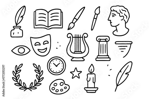 Artistic Symbols Doodle. Artistic influences in literature and poetry. Hand-drawn doodle illustration Artistic influences in literature and poetry quill,