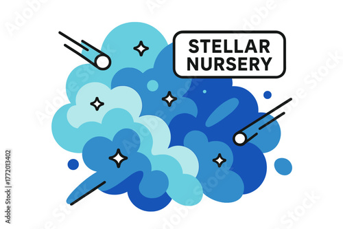 Stellar Nursery Illustration. Nebula ? Stellar Nursery. Gas clouds billow like cotton candy as tiny star icons ignite; a floating tag reads ?Stellar Nursery.?