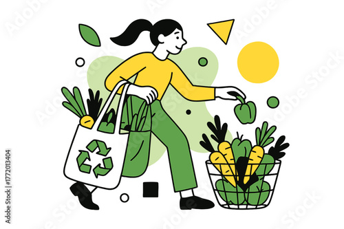 Eco-Friendly Shopping Scene. Eco-Friendly Shopping Hauls. Shopper selecting fresh produce with floating abstract geometric shapes and reusable bags,