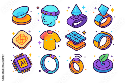 Futuristic Wearable Icon Set. Future wearable concepts. Colorful isometric vector icons set of Future wearable concepts: smart contact lens, neural interface