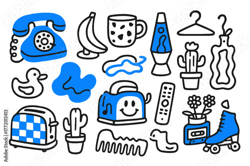 Quirky Kitsch Doodles. // Kitsch household objects. Hand-drawn doodle illustration kitsch household objects [wavy telephone (accented), banana lamp (accented),