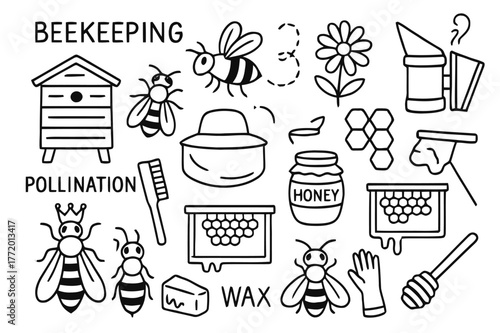 Beekeeping Icons Doodle. Beekeeping and pollination. Hand-drawn doodle illustration beehive, bee, honeycomb, flower, smoker, beekeeper hat, jar of honey,