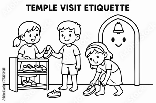 Temple Visit Coloring Fun. Temple visit etiquette children?s coloring book illustration, outlined drawing, visitors removing shoes and placing them on a rack