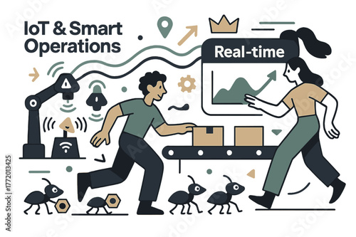 Smart Factory Operations. IoT & smart operations. Sensors wink on factory lines as waves connect devices; a dashboard crown says ?Real-time?. Tiny bots carry