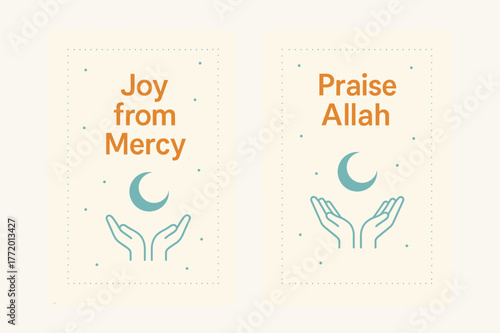 Mercy and Happiness. Mercy & Happiness. Two vertical A6 banners with safe margins, centered composition, no elements touching edges, minimal, turquoise and