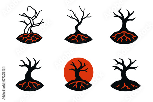 Blackened Tree Logos. blackened trees in hellscape. Set Logo of blackened trees in hellscape: Twisted dead tree trunk with lava cracks. Icon set. harmonious