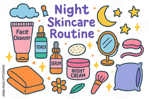 Night Skincare Essentials. Night Skincare Routine. Colorful Hand-drawn doodle Children illustration Night Skincare Routine face cleanser, toner bottle, serum