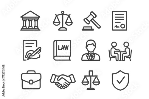 Legal Icon Set. Legal Advice and Support for Individuals and Businesses. Line icon set of Legal Advice and Support for Individuals and Businesses: courthouse,