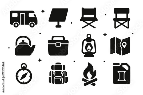 Vanlife Camp Essentials. Campsite and Vanlife Nomads. Solid icons set of Campsite and Vanlife Nomads: camper van, solar panel, foldable chair, portable stove,