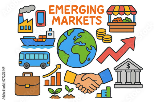 Colorful Emerging Markets. Emerging markets. Colorful Hand-drawn doodle Children illustration Emerging markets globe, upward arrow, factory, cargo ship,