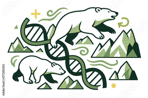 Arctic Harmony. Arctic evolution. DNA chain intertwined with polar bears and glaciers, cold wind flowing through geometric ice shapes. Strength through