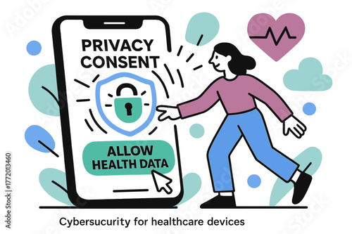Healthcare Data Consent. Cybersecurity for healthcare devices ? Privacy consent screen. A user taps ?ALLOW HEALTH DATA? on a stylized phone while a digital