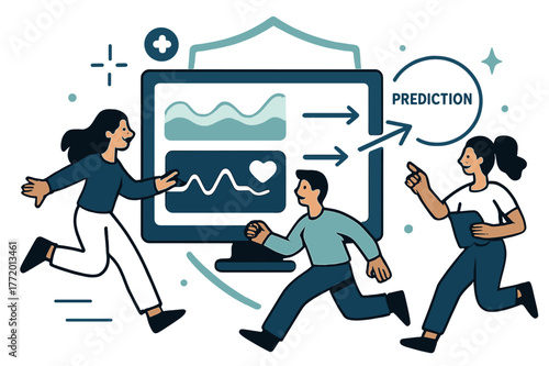 Predictive Healthcare Analytics. Healthcare Tech ? Preventive Analytics. A screen displays smooth graphs and heart rate trends; arrows flow forward