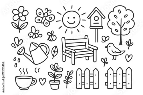 Serene Garden Doodle. Garden serenity. Hand-drawn doodle illustration garden serenity flower, leaf, watering can, butterfly, bee, sun, bench, potted plant,