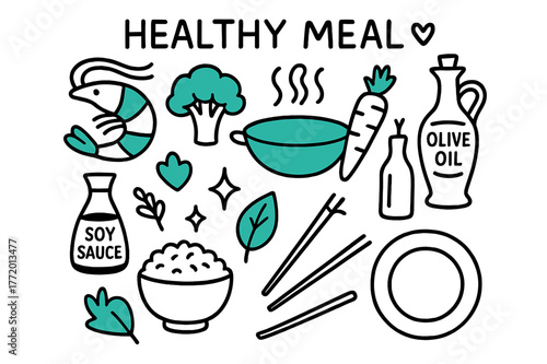 Healthy Meal Doodle. // Healthy meal. Hand-drawn doodle illustration Healthy meal [shrimp (accented), broccoli (accented), carrot, wok (accented), soy sauce,