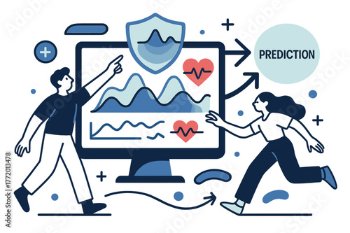 Preventive Analytics Display. Healthcare Tech ? Preventive Analytics. A screen displays smooth graphs and heart rate trends; arrows flow forward to