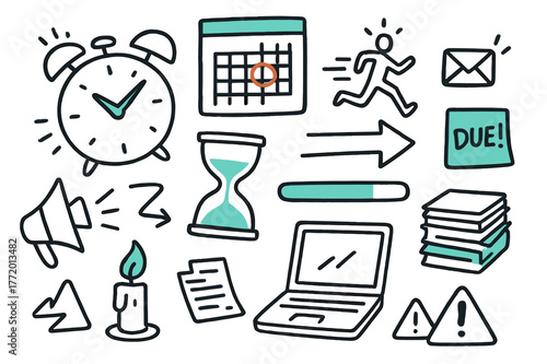 Deadline Rush Icons. // Deadline crunch. Hand-drawn doodle illustration Deadline crunch [alarm clock (accented), hourglass (accented), calendar with red circle