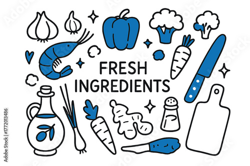 Fresh Ingredients Doodle. // Fresh ingredients. Hand-drawn doodle illustration Fresh ingredients [shrimp (accented), bell pepper (accented), broccoli