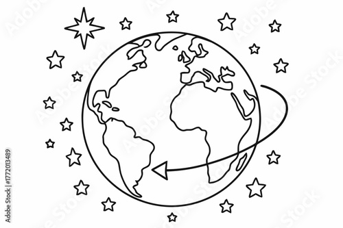Earth and Stars Coloring. Stars and Earth?s rotation children?s coloring book illustration, outlined drawing, a globe showing a curved arrow of rotation with