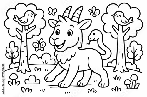 Cheerful Chimera Coloring Page. Friendly fantasy forest children?s coloring book illustration, outlined drawing, a cheerful chimera walking among trees with