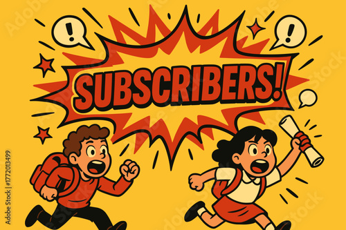 Explosive Subscriber Celebration. Subscribers banner, splash explosion, bold oversized text inside banner, cartoon characters shouting and running, holding