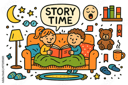 Cozy Storytime Scene. Storytime on the sofa. Colorful Hand-drawn doodle Children illustration Storytime on the sofa open book, blanket, pillows, lamp, glasses,
